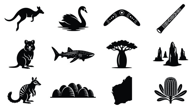 Black silhouettes of western australia cultural icons including kangaroo swan boomerang didgeridoo quokka shark baobab tree stromatolites numbat rock formations state outline