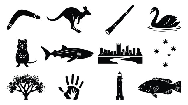 Silhouettes of western australia cultural icons including kangaroo swan shark lighthouse didgeridoo boomerang and city skyline