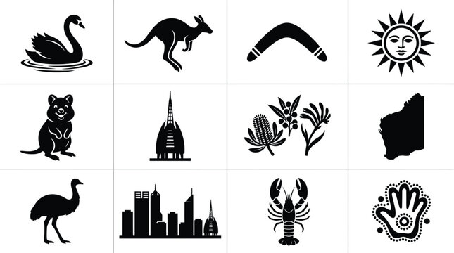 Black and white symbols of western australia day icons including a swan kangaroo boomerang sun quokka tower flora map emu city lobster and handprint