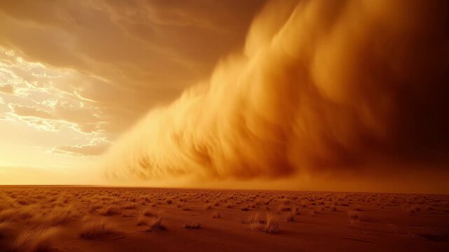 A dust storm engulfs the desert, creating a thick cloud of sand as it moves rapidly across the barren land at sunset