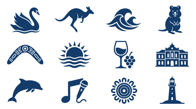 Collection of stylized western australia icons featuring animals landmarks and cultural symbols in bold blue tones