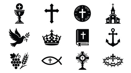 Black silhouette bundle of christian symbols including cross church crown dove anchor grapes and fish © Shovon