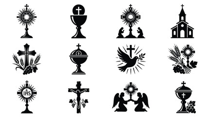 Fototapeta premium Black silhouette icons of christian symbols including crosses chalices dove angels and church building