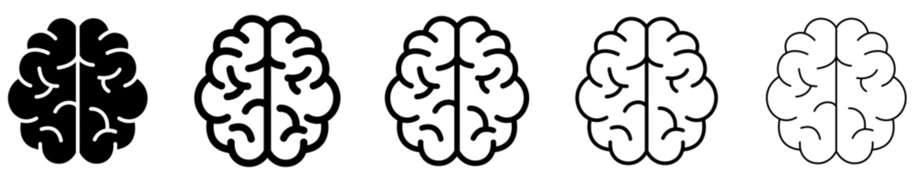 Set of human brain icons with different line weights. Line art of thinking organ, intelligence, and neurology. Vector illustration isolated on white background.