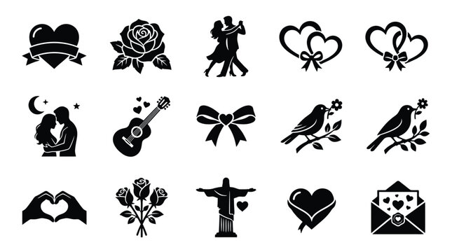 Romantic black and white icons featuring hearts roses birds couples dancing and love gestures for valentine's day or wedding design
