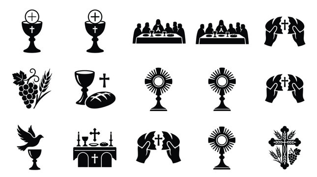 Black and white christian eucharist icons featuring chalice bread grapes dove altar monstrance and praying hands symbolizing faith and devotion