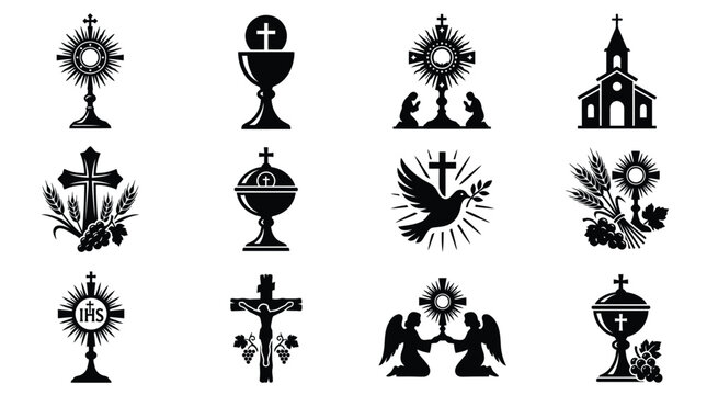 Black silhouette icons of christian symbols including crosses chalices dove angels and church building