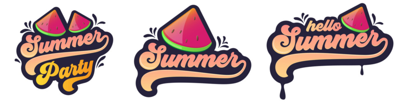 Summer sticker set with retro groovy lettering and juicy watermelon slices. Hello Summer and Summer Party labels in 70s vintage style. Vector summer badges for beach event and vacation design.