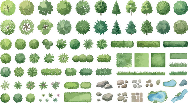 Landscape design elements vector set, top view garden plan symbols, green trees and shrubs for architectural site mapping, outdoor park icons