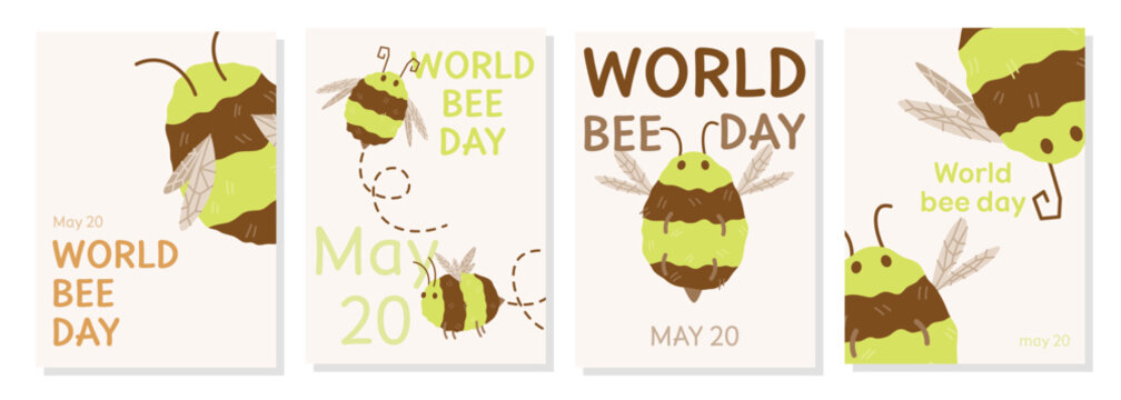 Set of Four Cute Hand-Drawn World Bee Day Greeting Cards or Posters