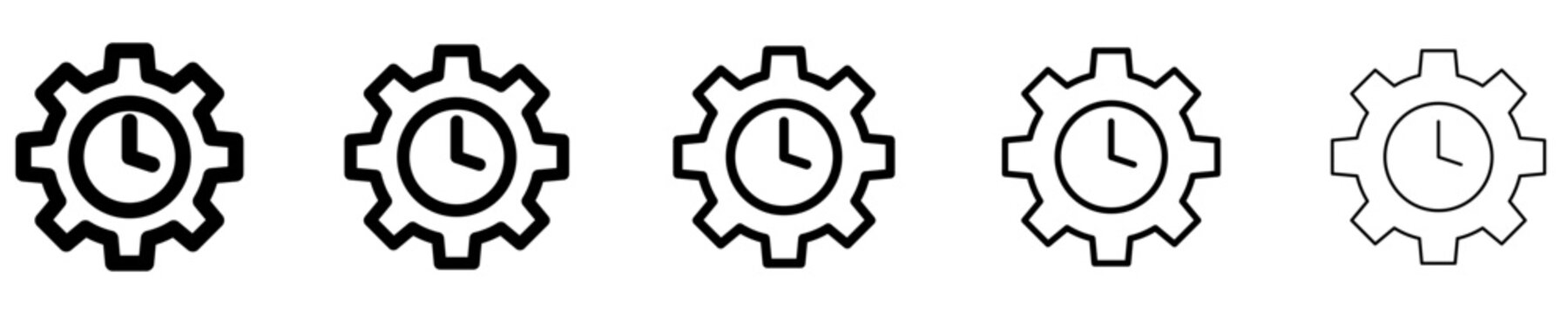 Set of gear with clock inside icons with different line weights. Line art concept of time management, process optimization, productivity, and scheduling. Vector illustration