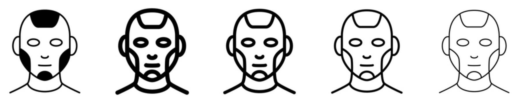 Set of android or humanoid robot head icons with different line weights. Line art of artificial intelligence, cybernetics, and future automation technology. Vector illustration