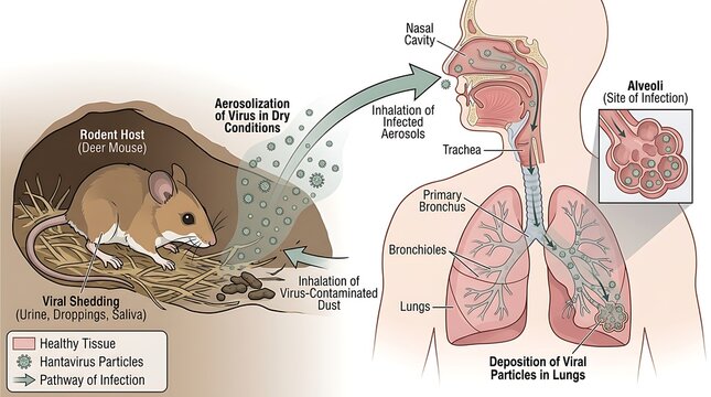 Detailed illustration showing hantavirus transmission from rodent host to human respiratory system and lungs