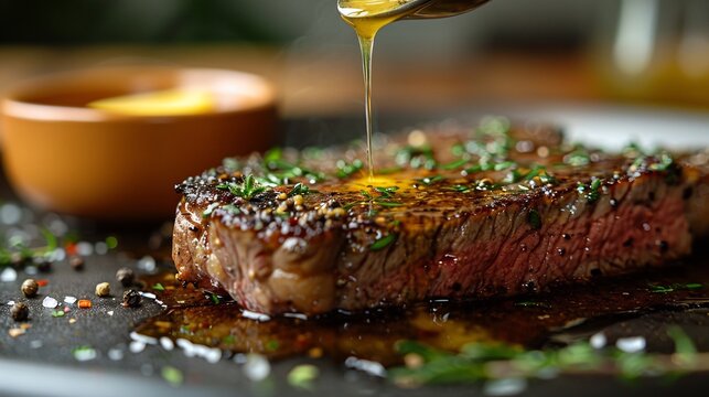 Keto dinner close up juicy steak butter melt herb cinematic detail rich texture premium shot