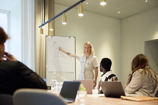 Female manager explaining growth diagram to team sitting in illuminated meeting room