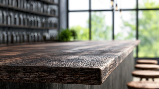Rustic wooden bar surface with blurred background of bottles and window