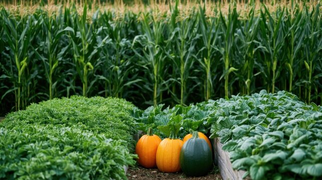 Rows of green lettuce and leafy vegetable plants growing next to bright orange and green squash with a tall green cornfield in the background on a farm garden