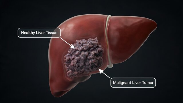 Liver Cancer 3D Medical Illustration, Labeled Diagram of the Human Liver Showing a Malignant Liver Tumor, Visualizing the Growth of Hepatocellular Carcinoma in the Liver Against a Dark Background, Edu