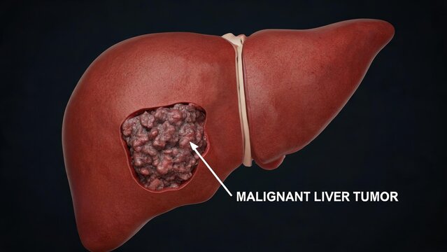 Liver Cancer 3D Medical Illustration, Labeled Diagram Comparing Healthy Liver Tissue with a Malignant Liver Tumor, Visualizing Hepatocellular Carcinoma Growth in the Human Liver Against a Dark Backgro