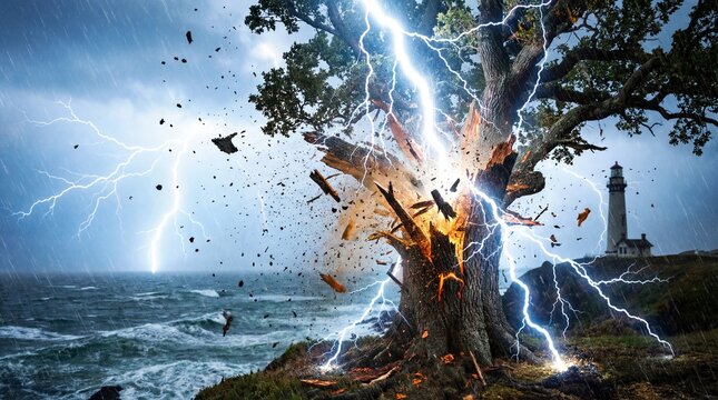 Light and sound energize scenes with lightning strikes concept. A tree struck by lightning amidst a stormy seascape.