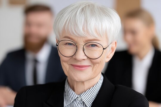 Close-up portrait of senior Latin woman with glasses and colleagues
