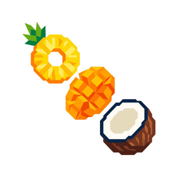 Fresh tropical fruits arrangement with pineapple slices and coconut
