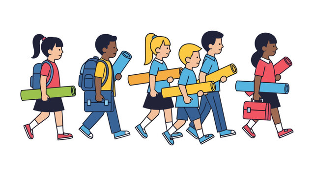 Students Walking with Supplies: A diverse group of school children, carrying backpacks, portfolios, and rolled-up papers, walk in single file, heading towards their educational pursuits.