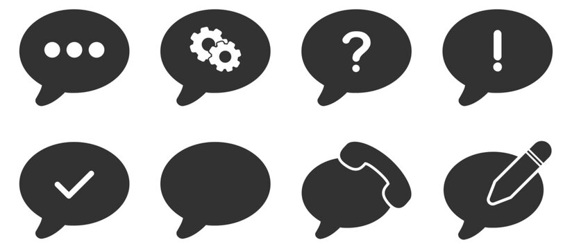 Various speech bubble icons include symbols for chat, settings, question, and alert. These message and communication icons are shown on transparent background.