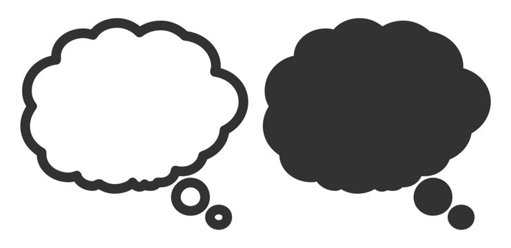 Two thought bubbles in different styles are shown side by side. One bubble is outlined and the other is solid on transparent background.