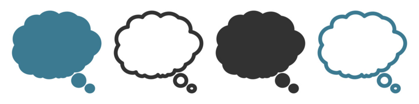 Four different styles of thought bubbles with solid, outline, and filled shapes are shown. These symbols represent ideas or dialog elements on transparent background.
