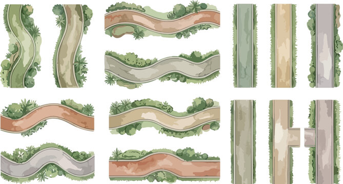 Watercolor top view road map elements, hand drawn aerial path and winding street vector set, nature landscape trail segments for map design