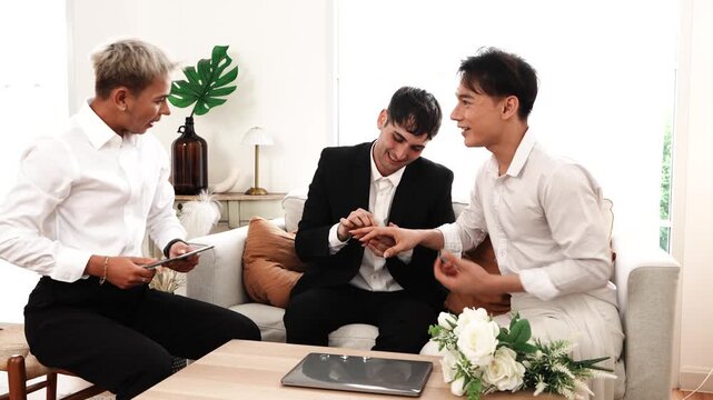 Pride and LGBTQ concept. A gay couple gets married and registers their marriage legally, with a registrar processing the documents and signing the marriage certificate in a country that recognizes equ