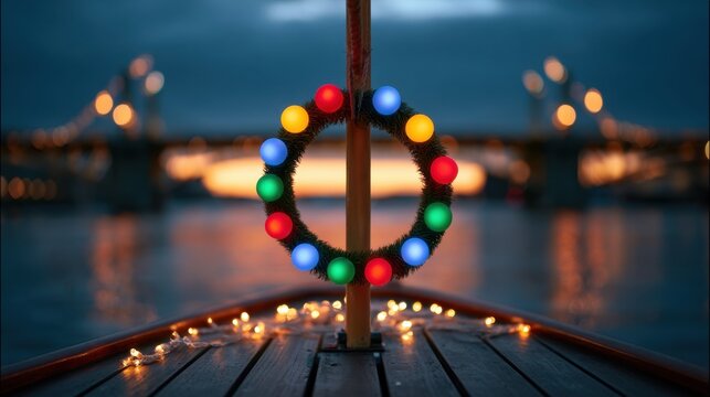 Colorful glowing light circle decoration on wooden dock pole over calm water with blurred bridge and evening sky background
