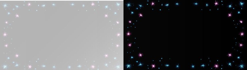 Modern luxury magic sparkle frame, realistic elegant glowing pink and blue star glitter border on grey and black background © Maxim