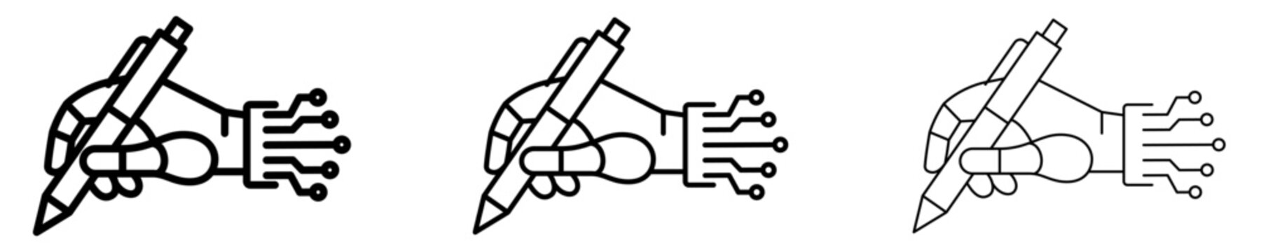 Set of robotic hand writing with pen icons with different line weights. Artificial intelligence, AI copywriting, content generation, and cyber hand line art. Vector.