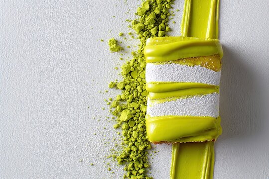 Split vibrant green matcha powder on white surface