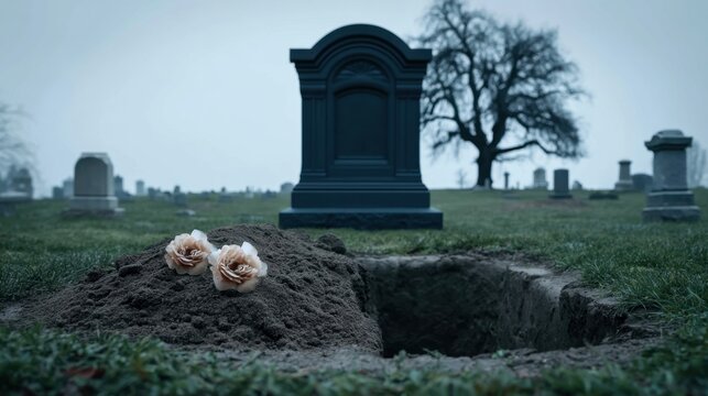 Freshly dug grave with flowers on soil mound in cemetery under dreary sky with headstone and bare tree in background symbolizing loss mourning and remembrance