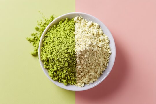 Split vibrant green matcha powder in bowl on pastel background