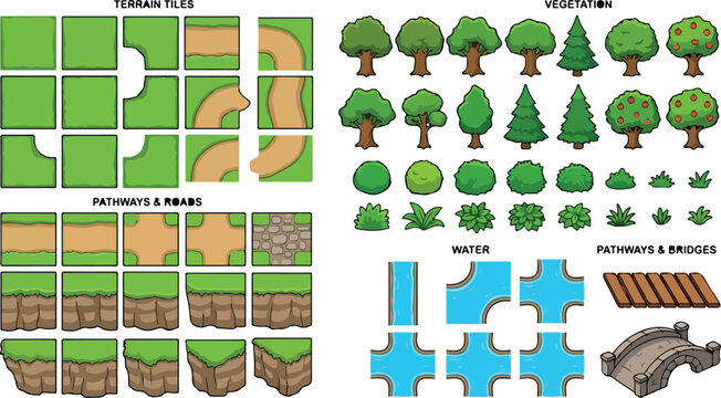 Top-down game assets vector set, terrain tiles and vegetation icons, pathways and bridges for level design, 2D map creator elements