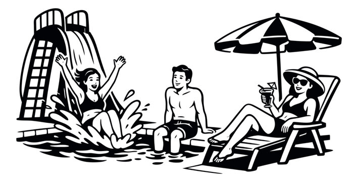 Line art summer activity set featuring people on a waterslide, by a pool, and relaxing under an umbrella for summer vacation
