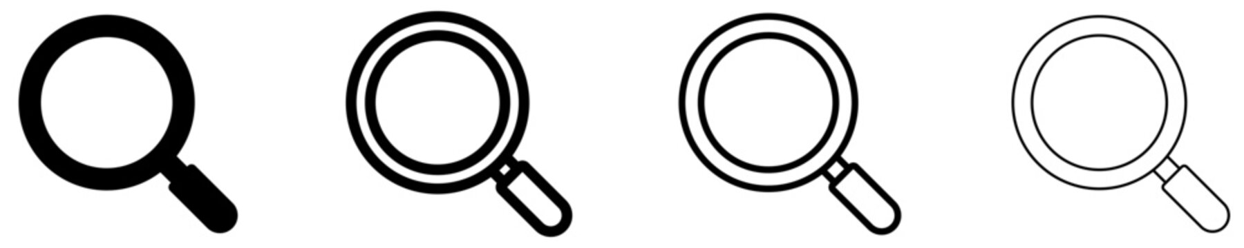 Set of magnifying glass icons with different line weights and filled silhouette version. Loupe, web search, exploration, and data analytics line art. Vector.