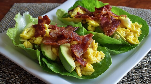 Keto beginner breakfast eggs avocado lettuce wrap instead of bread clean minimal kitchen low carb diet concept