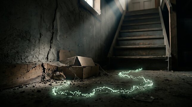 Mysterious abandoned basement with glowing lights and old cardboard box near stairs