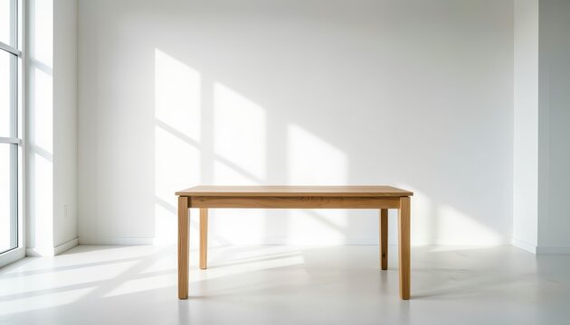 Simple Wooden Dining Table in Minimalist White Room with Natural Light