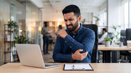 Worker experiences pain while working at desk in modern office during midday, seeking relief from discomfort