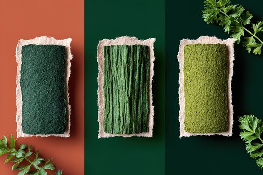Torn matcha green paper texture with rough edges on vibrant background
