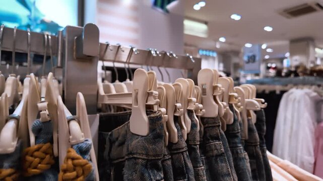 Close-up view of denim jeans hanging on a metal rack in a modern retail clothing store, showcasing the latest fashion collection for sale in a bright and inviting boutique environment