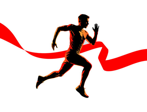 Running Athlete Silhouette with Red Ribbon, Speed and Fitness Concept