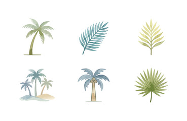 Obraz premium Watercolor palm tree and tropical leaf icons set, minimalist botanical elements on white background