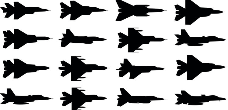 Set of military fighter jet silhouettes including supersonic interceptors stealth aircraft and modern air force combat planes for defense designs